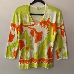 Cache Green Orange Beaded 3/4 Sleeve V-neck Pullover Sweater Women's size Large